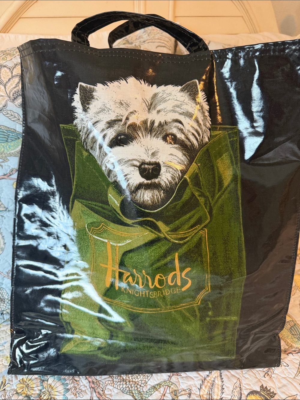 Harrods Vintage 90’s Black Tote with Westie in Green Tote
